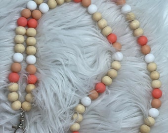 Cordón de silicona y madera con cuentas l Cordón de silicona l Cordón para maestros l Cordón de madera l Cordón de silicona l Rosa l Beige l Blanco l Regalos para maestros