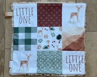 Little One Fawn Rust & Green Patchwork Baby Blanket; Minky Baby Lovey; Gender Neutral Blanket; Boho Nursery; Binky Holder; Patchwork; Deer