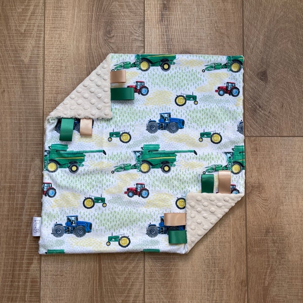 Farm Tractors Baby Blanket; Minky Baby Lovey; Farm Theme; Gender Neutral Blanket; Farm Boy; Baby Shower Gift; Sensory Tag Toy; Baby Gift