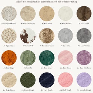 a collection of various fabric textures and colors, including snowy owl, chocolate, alpine pecan, brown, green, and more, arranged in a grid format.