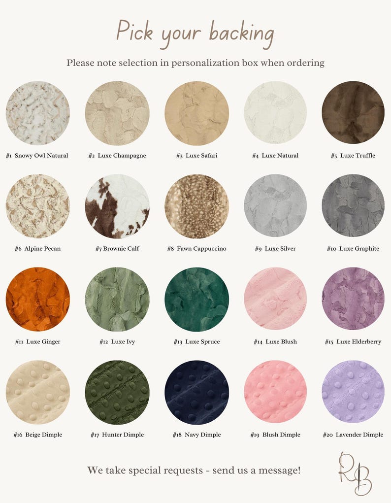 a collection of various fabric textures and colors, including snowy owl, chocolate, alpine pecan, brown, green, and more, arranged in a grid format.