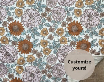 Retro Neutral Floral Minky Baby Blanket; Minky Baby Lovey; Boho Nursery; Baby Girl Blanket; Baby Shower Gift; Personalized Baby Gift; Beige