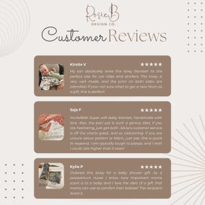 three customer reviews for a product, specifically a baby blanket, with each review featuring a different image of the product and a rating.