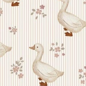 a repeating pattern of white ducks with brown legs and feet against a striped background.