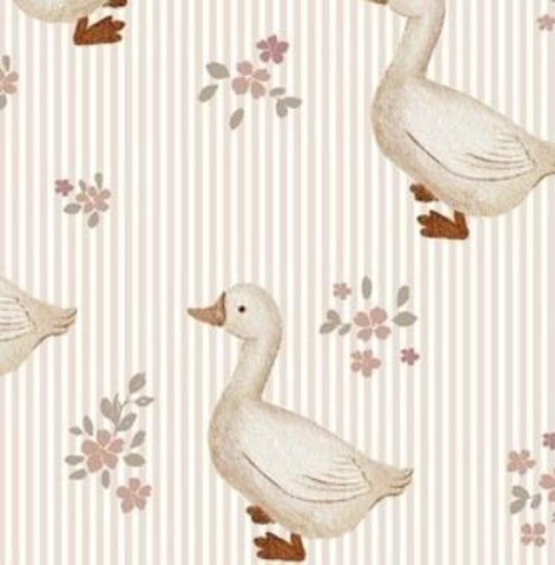 a repeating pattern of white ducks with brown legs and feet against a striped background.