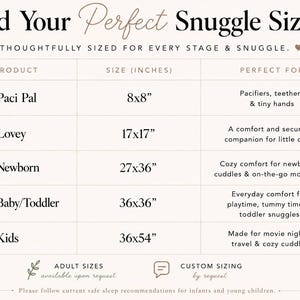 The image is a product size comparison chart that provides the perfect snuggle size for different age groups, ranging from infants to adults. It includes Pacifiers, teething, and tiny hands for Paci Pal, a comfort and security companion for little ones for Lovey, a cozy comfort for newborns, cuddles & on-the-go moments for Newborn, and everyday comfort for Baby/Toddler and Kids. The chart also includes customizing the size based on the user's preferences.
