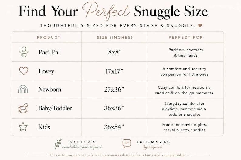 The image is a product size comparison chart that provides the perfect snuggle size for different age groups, ranging from infants to adults. It includes Pacifiers, teething, and tiny hands for Paci Pal, a comfort and security companion for little ones for Lovey, a cozy comfort for newborns, cuddles & on-the-go moments for Newborn, and everyday comfort for Baby/Toddler and Kids. The chart also includes customizing the size based on the user's preferences.