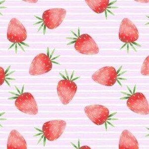 May include: A repeating pattern featuring watercolour-style red strawberries with green leaves arranged on a light pink background with thin, horizontal white stripes. Each strawberry is depicted with small white seeds and green stems.