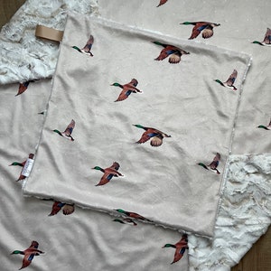 Mallard Duck Flying Blanket; Duck Lovey; Animal Lovey; Neutral Baby Blanket; Baby Shower Gift; Lovie; Binky Holder; Duck Hunting Nursery