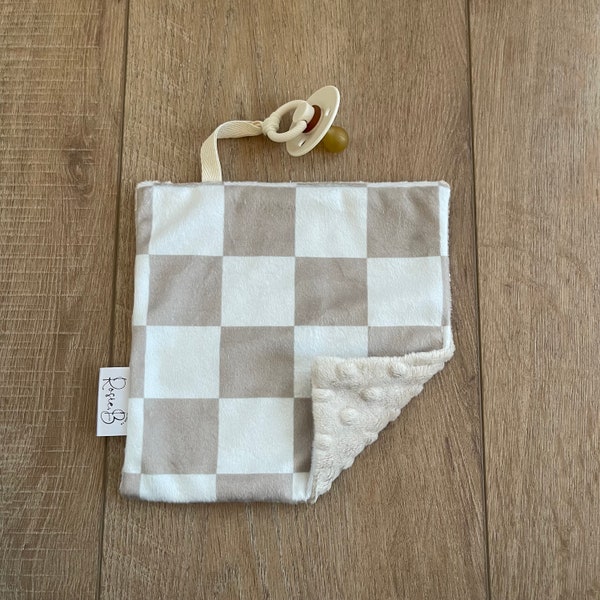 Biscuit Taupe Checkerboard Binky Holder; Checkered Binky Clip; Gingham Blanket; Gingham Check; Baby Shower Gift; Trendy Check Print; Boho