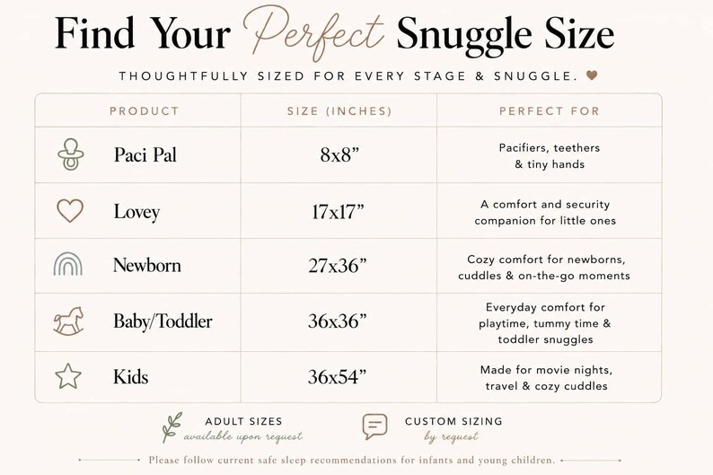 The image is a product size comparison chart that provides the perfect snuggle size for different age groups, ranging from infants to adults. It includes Pacifiers, teething, and tiny hands for Paci Pal, a comfort and security companion for little ones for Lovey, a cozy comfort for newborns, cuddles & on-the-go moments for Newborn, and everyday comfort for Baby/Toddler and Kids. The chart also includes customizing the size based on the user's preferences.
