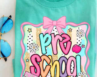 Preppy Pre-School  Coquette  Bow Girls Shirt,Pre-School Shirt,Shirt,Personalized First Day of Pre-School Shirt,Preppy Toddler School Shirt