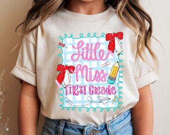 Little miss First Grade Shirt,First Grader Girls Coquette Bow Shirt,Back to School  Gifts, First Day of First Grade Preppy Girls Shirt,1st