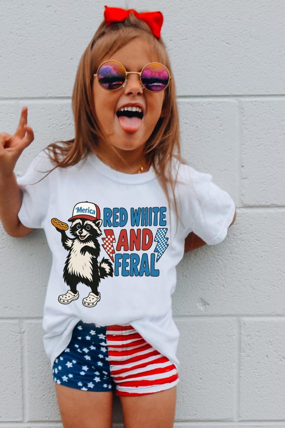Raccoon 4th Of July Girl Funny Shirt, Red White  And Feral Fourth of July Kids Shirt, Raccoon Girls TShirt,Popular PatrioticBoys Raccoon tee