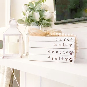 May include: White wooden blocks stacked on top of each other with the names Cayce, Haley, Gracie, and Finley written on them. Each name has a paw print next to it.