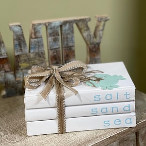 May include: A stack of three white books tied with twine and a burlap bow. The words "salt", "sand", and "sea" are printed in light blue on the book spines. A light blue sea turtle decoration sits atop the books.