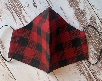 Christmas Buffalo check face mask. Double layer cotton with filter pocket and adjustable elastic ear loops. Unisex
