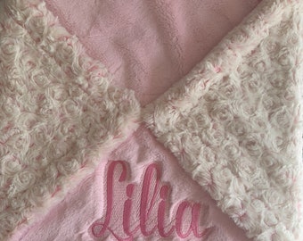 Personalized Rose Cuddle baby girl blanket. Pink rose baby blanket. Custom girls baby blanket. Minky blanket. Girls Minky blanket.
