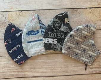 Cowboys, Patriots, raiders, Dodgers face mask. Double layer cotton with filter pocket and adjustable elastic ear loops (tie&tuck). NFL/MLB