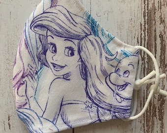 Little mermaid Ariel face mask. Double layer cotton with filter pocket and adjustable elastic ear loops (tie&tuck).
