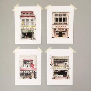 Juego de 4 postales asiáticas variadas: impresiones de acuarelas asiáticas para escaparates: arte asiático detallado