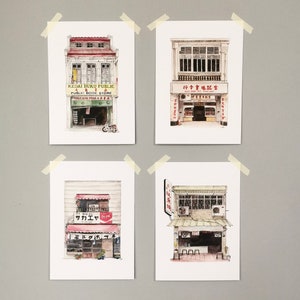 Set of 4 Mixed Asian Postcards - Watercolour Asian Storefront Prints - Detailed Asian Art