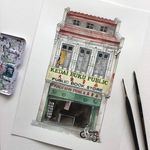 Malaysian Storefront Watercolour and Ink Painting - Detailed Asian Art Print
