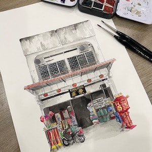 Malaysian Storefront Watercolour and Ink Painting - Detailed Asian Art Print