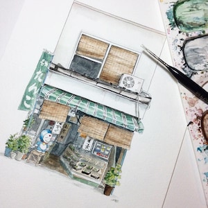 Aquarel architectuur schilderij - Japanse Aziatische storefront print - muurdecor architectonische illustratie - gedetailleerde muurkunst
