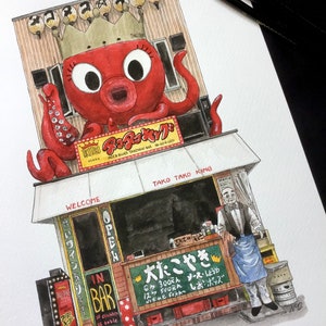 Japanse winkel met aquarel- en inktschildering - gedetailleerde Aziatische kunstafdruk - OSAKA JAPAN
