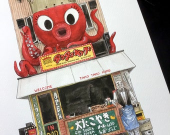 Japanese Storefront Watercolour and Ink Painting - Detailed Asian Art Print - OSAKA JAPAN