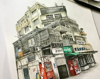 Detailed Japanese Storefront Watercolour Painting Art Print