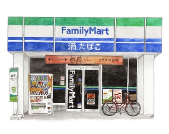 Japanese Storefront Watercolour and Ink Painting Art Print - Family Mart