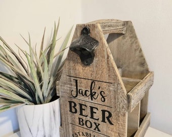 Personalised Wooden Beer Carrier Oak Effect, Holds 4 Bottles with Bottle Opener, Gift for Him