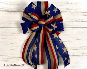 Patriotic Bow, Fourth of July Wreath Bow, Red White and Blue Lantern Bow, Memorial Day Decor Bow, Military Deployment, USA Door Bow