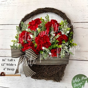 Geranium Basket Wreath, Red Geranium Wreath, Summer Front Door Wreath, Double Door Wreath, Spring Door Basket, Slim Wreath