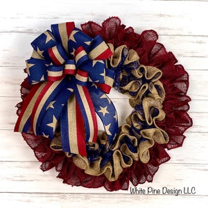 Patriotic Wreath, Fourth of July Burlap Wreath, Flag Wreath, USA Wreath Decor, Burgundy Wall Hanger, Double Door Wreath For Front Door