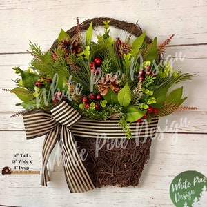 Winter Basket Wreath, Christmas Front Door Hanger, Holiday Evergreen Double Door Wreath, Slim Mixed Pine Door Decor, Pine Cone and Berries