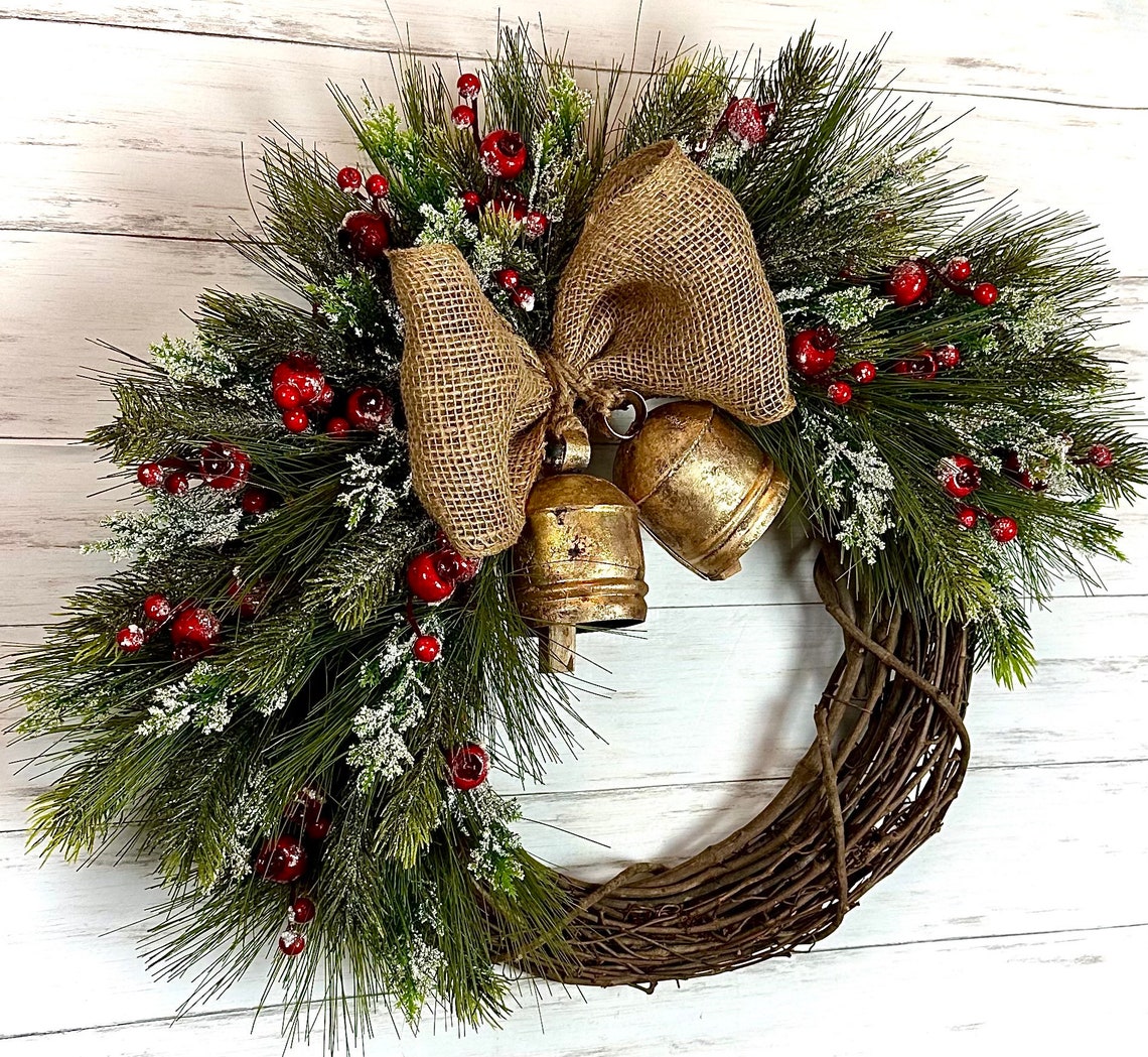 Winter Bell Wreath With Berries Christmas Brass Bell Wreath Etsy