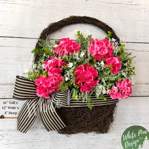 Geranium Basket Wreath, Pink Geranium Wreath, Summer Front Door Wreath, Double Door Wreath, Spring Door Basket, Slim Wreath