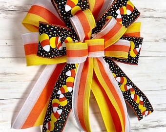 Halloween Bow For Wreath, Candy Corn Bow, Lantern Bow, Holiday Bow, Halloween Decor, Orange Black, Fall Decorations, Gift Wrap Ribbon Bow
