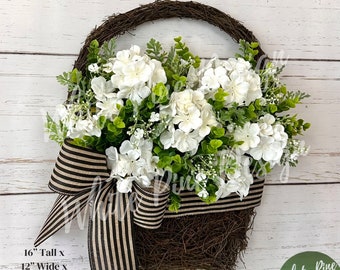 Geranium Basket Wreath, White Geranium Wreath, Summer Front Door Wreath, Double Door Wreath, Spring Door Basket, Slim Wreath