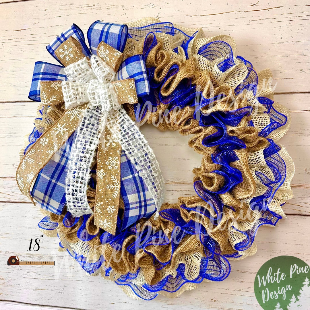 Winter Snowflake Burlap Wreath, Blue Christmas Wreath for Front Door ...