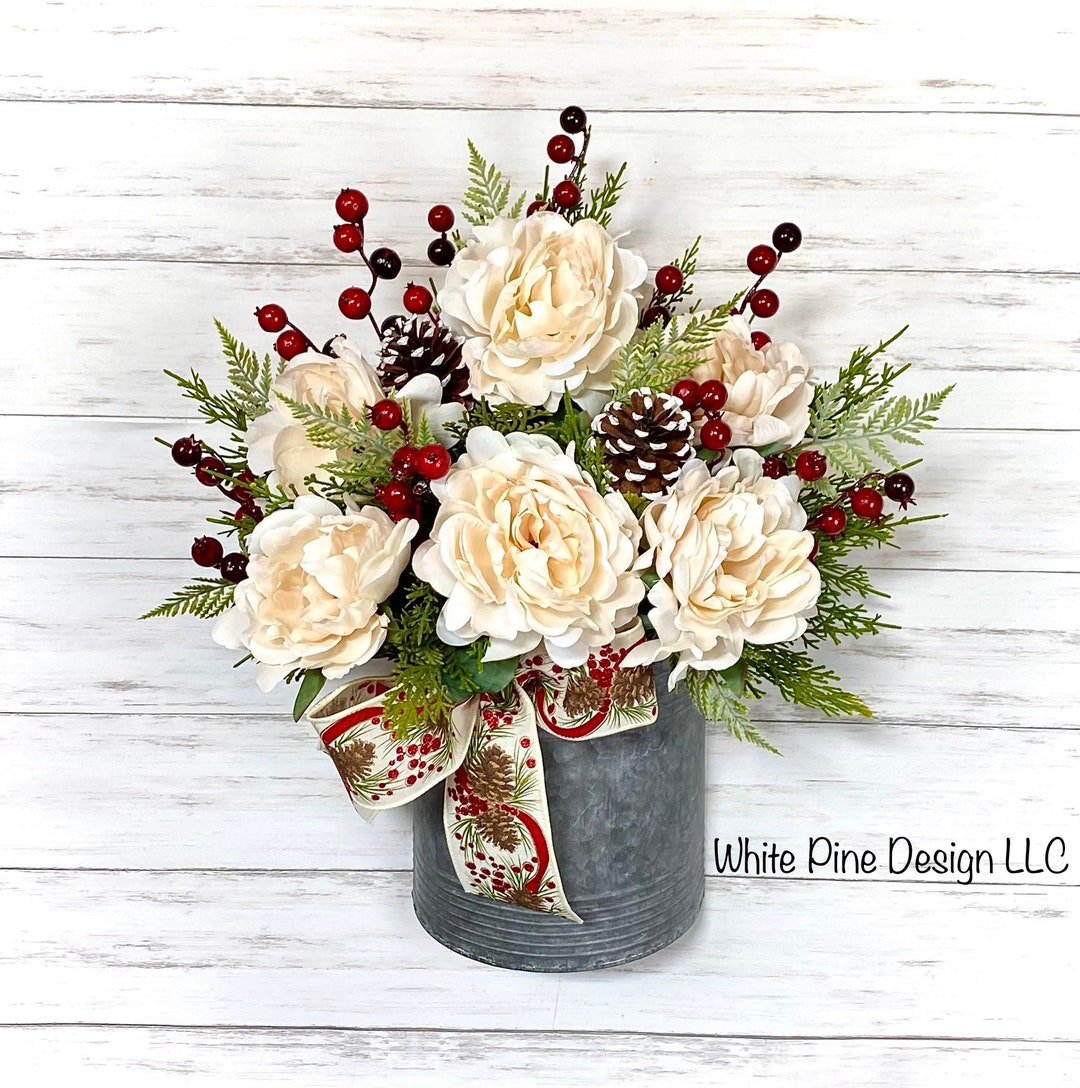 Winter Floral Bucket Wreath, Christmas Peony Basket Wreath, Holiday Red