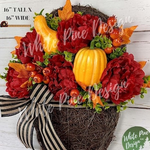 Fall Peony Basket Wreath, Pumpkin Wreath, Autumn Front Door Wreath, Fall Leaf Wreath, Double Door Wreath, Door Basket, Farmhouse Wreath Fall