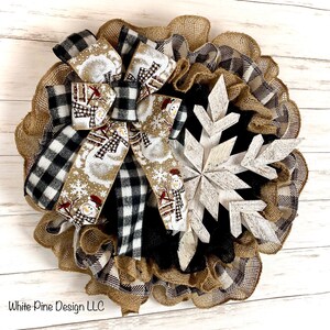 Winter Burlap Wreath for Front Door, Snowman Holiday Wreath, Winter Wooden Snowflake, Buffalo Plaid Wreath, Winter Double Door Wreath