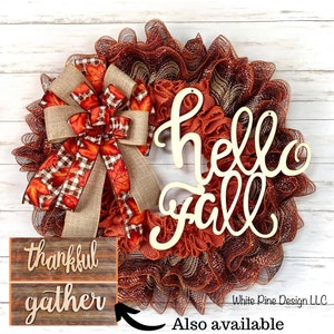Fall Wreath, Fall Burlap and Mesh Wreath, Hello Fall Sign, Autumn Leaf Wreath, Buffalo Check Fall Wreath, Orange Fall Front Door Wreath