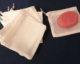 Two Soap bags made from cotton muslin. Perfect for hair shampoo and conditioner bars.