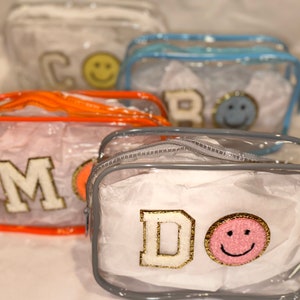 Personalized Clear Toiletry Bag | Bridesmaids Cosmetic Bag | Clear Bag With Patch | PVC Travel Bag | Initial Toiletry Bag