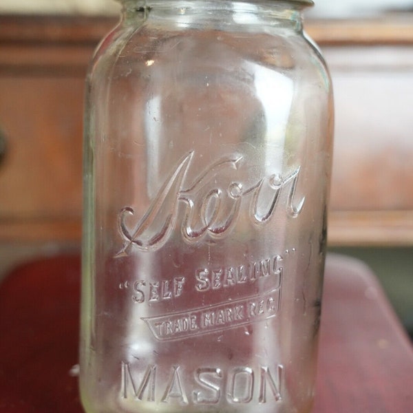 Vintage Kerr Self-Sealing Trademark Mason Quart Jar with Glass Lid & Metal Ring